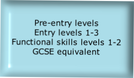 Pre-entry levels
Entry levels 1-3
Functional skills levels 1-2
GCSE equivalent 

